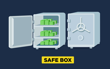 Vector flat safe boxes open and closed, locked with code lock, empty safe box. Isometric view.