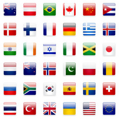 World flags vector collection. 36 high quality square glossy icons. Correct color scheme.