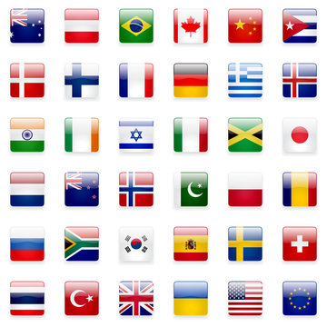 World flags vector collection. 36 high quality square glossy icons. Correct color scheme.