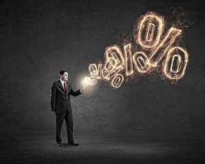 Businessman using smartphone . Mixed media