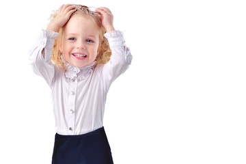 portrait of a little girl with glasses isolated one white