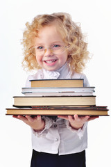 little girl with books isolated one white