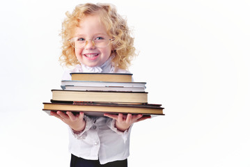 little girl with books isolated one white