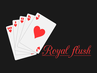 Royal flush playing cards, hearts suit. Poker. Vector illustration.