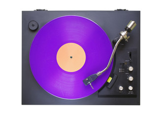 Vintage turntable with purple vinyl record,isolated on white