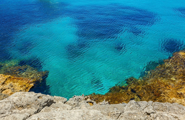 Fototapeta na wymiar Blue lagoon, famous beach and seafront on Comino island of Malta in mediterranean sea
