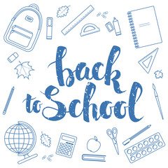 Set of different items for education. Back to school  lettering, linear icons. Vector stock illustration.