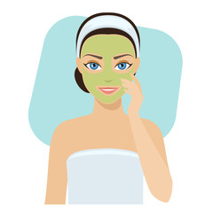 Girl applies cosmetic mask on her face, home remedies, skin problems solution.Vector stock illustration.