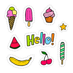 Set of hand drawing patches with food - ice creams, fruits, cupcake. Vector stock illustration.