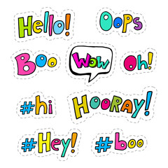 Set of hand drawing patches with interjections - oops, wow, hooray, boo, hey, hi, oh, hello.