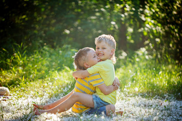 Naklejka na ściany i meble Two little boys friends hug each other in summer garden. Brothe