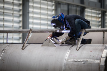 close up of technician welding metal pipe with argon,focus flash