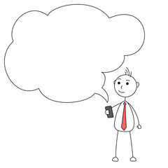 Cartoon businessman holding a cellphone with empty talk bubble