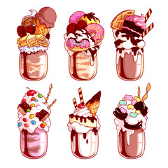 Set of different giant milkshakes.