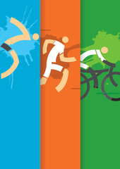 Triathlon racers background. 
Colorful striped background with stylized triathlon athletes. Vector available.
