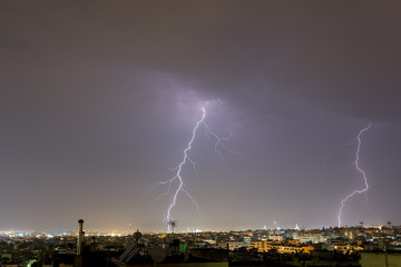 Lightning storm strikes the city of Thessaloniki, Greece