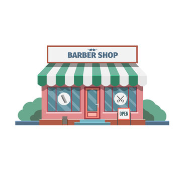 Barber in the barber shop in town. Vector Illustration.