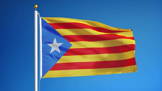 Estelada blava flag waving in slow motion against blue sky, seamlessly looped, close up, isolated on alpha channel with black and white luminance matte, perfect for film, news, digital composition