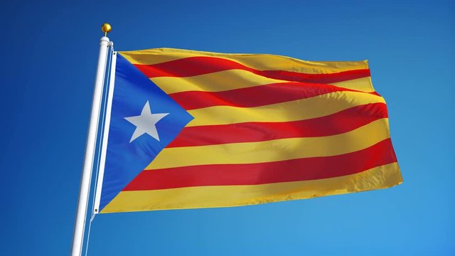 Estelada blava flag waving in slow motion against blue sky, seamlessly looped, close up, isolated on alpha channel with black and white luminance matte, perfect for film, news, digital composition
