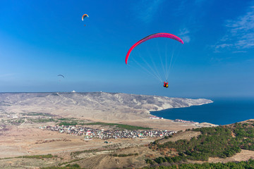 paragliders in flight over the sea coast
