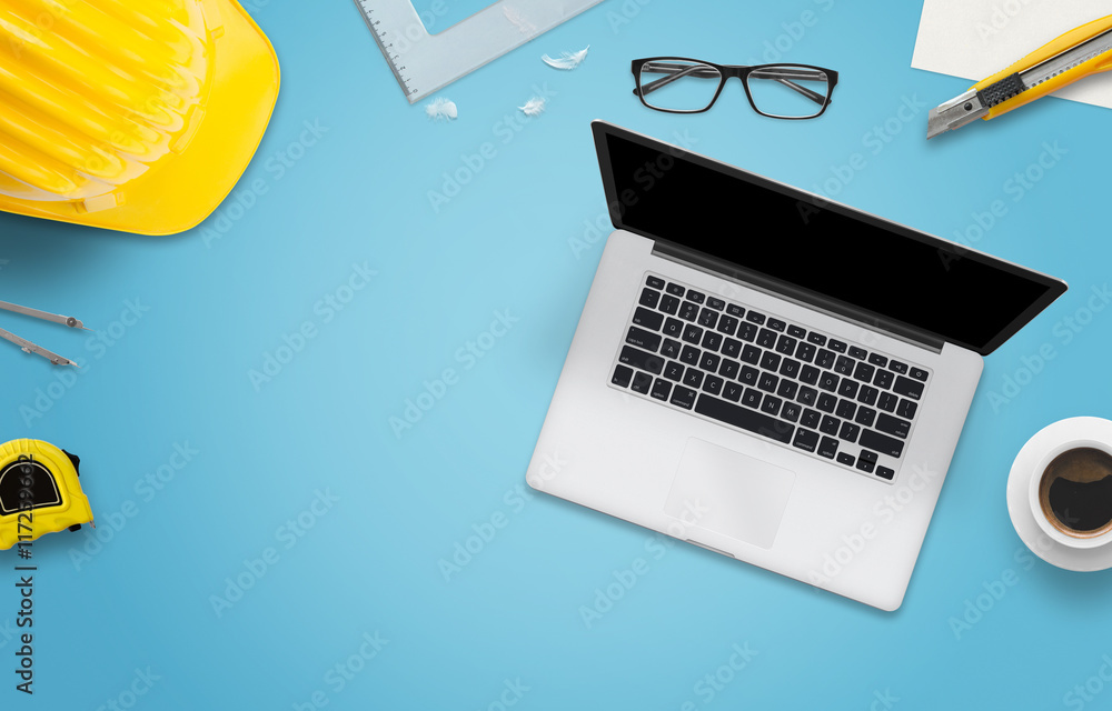 Poster Building apps and user interface on a laptop computer. Free space for text.