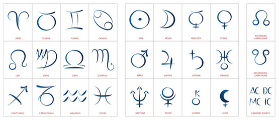 Astrology symbols - signs of the zodiac, planetary gods and lunar nodes  - calligraphic set.