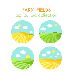 Set of farm fields landscapes. Round badges with crop in field. Cartoon green field of sowing. Flat argiculture collection.