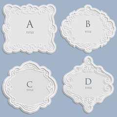 Set vector label, vintage frame for an inscription, calligraphic ornament, template to cut paper, space for images or lettering, 3D effect.