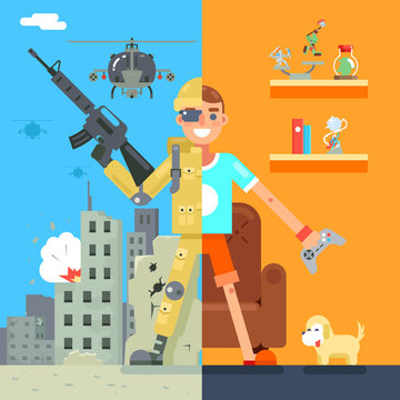 Gamer Soldier Immersion Virtual Reality Icon Living Room Battlefield Flat Design Character Vector Illustration