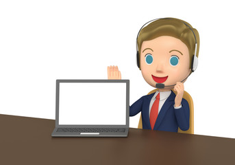 3D illustration character - The small business man who talks while showing a note PC.