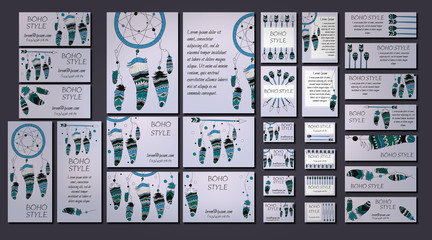 Vector set of abstract ethnic flyers with arrows, dreamcatcher, feather frames. Boho design brochure templates.