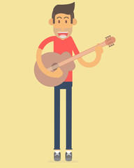 man with acoustic guitar singing. vector character of flat design.