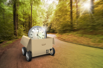 Driving Moving Box With Watch In The Forest - obrazy, fototapety, plakaty