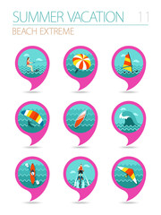 Extreme Water Sport pin map icon set. Vacation