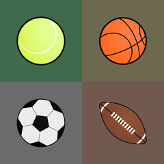 Set of four balls (tennis, basketball, soccer, football). Vector illustration, eps 8.