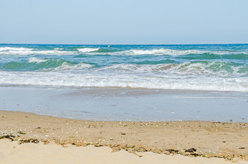 The Black Sea shore, seaside and beach with gold sands, blue water
