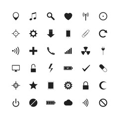Set of universal black icons for web and smart phone (36 pieces). Isolated on white background. Vector illustration, eps 8.