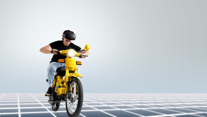 Young man exited about gameplay and driving motorbike inside generated environment while wearing his virtual reality glasses