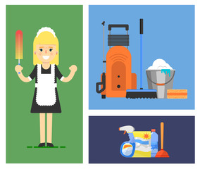 Cleaning tools icon set flat vector illustration