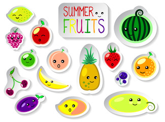 Set of summer fruits in flat style. Cute kawaii faces of fresh ripe fruits.