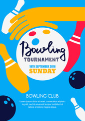 Vector bowling tournament banner, poster or flyer design template. Flat layout background with bowling ball in hand, pins and hand drawn calligraphy lettering. Abstract illustration of bowling game.