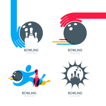 Set of vector colorful bowling logo, icons and symbol. Bowling ball, bowling pins and shoes illustration. Human with bowling ball. Trendy design elements, isolated on white background.