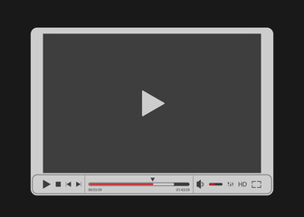 Video player for web with gray screen. Isolated on black background. Vector illustration, eps 8.