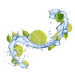 Lime in water splash on white background