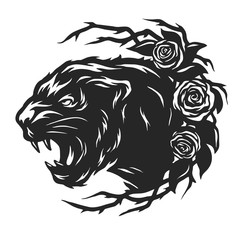 The head of a black panther and roses.