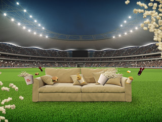 Obraz premium stadium with a sofa in the middle and flying fastfood. 3d rendering