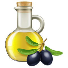 Olive oil in a jar with black olives. Vector illustration.