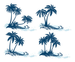 Obraz premium Set Tropical Landscapes, Palm Trees, Flowers and Grass Silhouettes and Sea Waves, Isolated on White Background. Vector