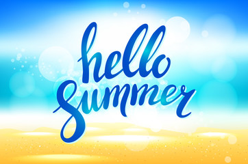 Vector hello summer background. Hello summer vector illustration on blurred background with sun rays. Hello summer lettering. Hello summer - stock vector.