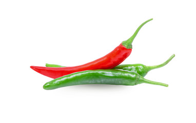 fresh red chilli and green chilli isolated on white background.	